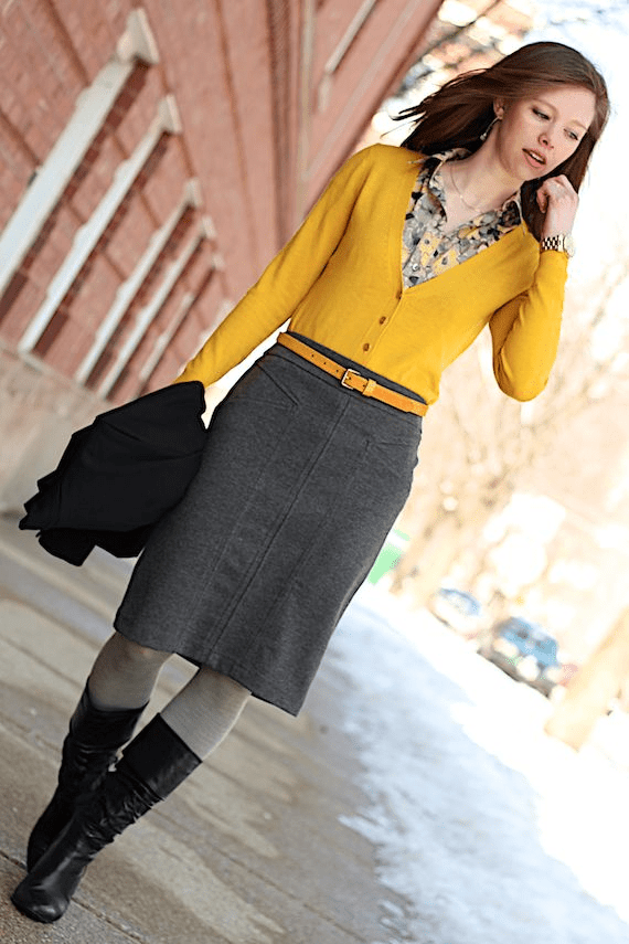 charcoal grey clothes with mustard yellow